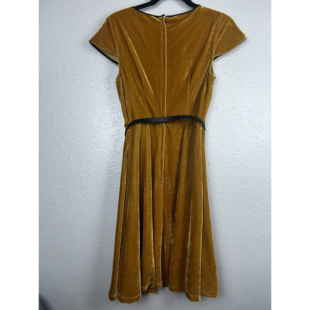 Modcloth Mystery Mastery Belted Dress Pockets Gold Velvet Retro Pinup Size Small